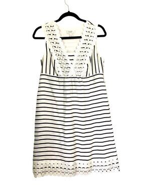 DRESSBARN WOMENS WHITE/NAVY STRIPE SIDE ZIP-UP CLOSURE KNEE LENGHT DRESS SIZE 8